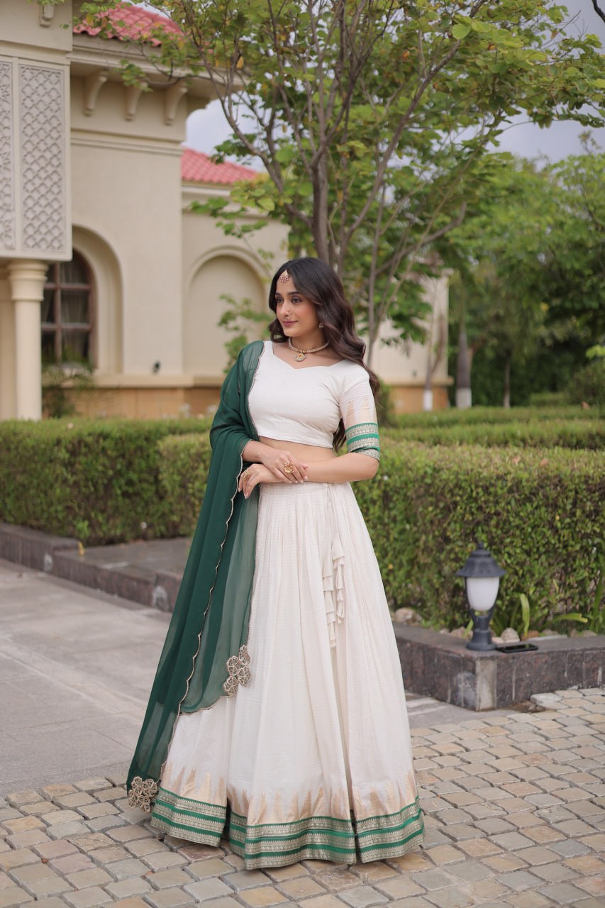 Tanirika Viscose Jacquard Zari Temple Weaving Lehenga with Blouse & Georgette Dupatta
