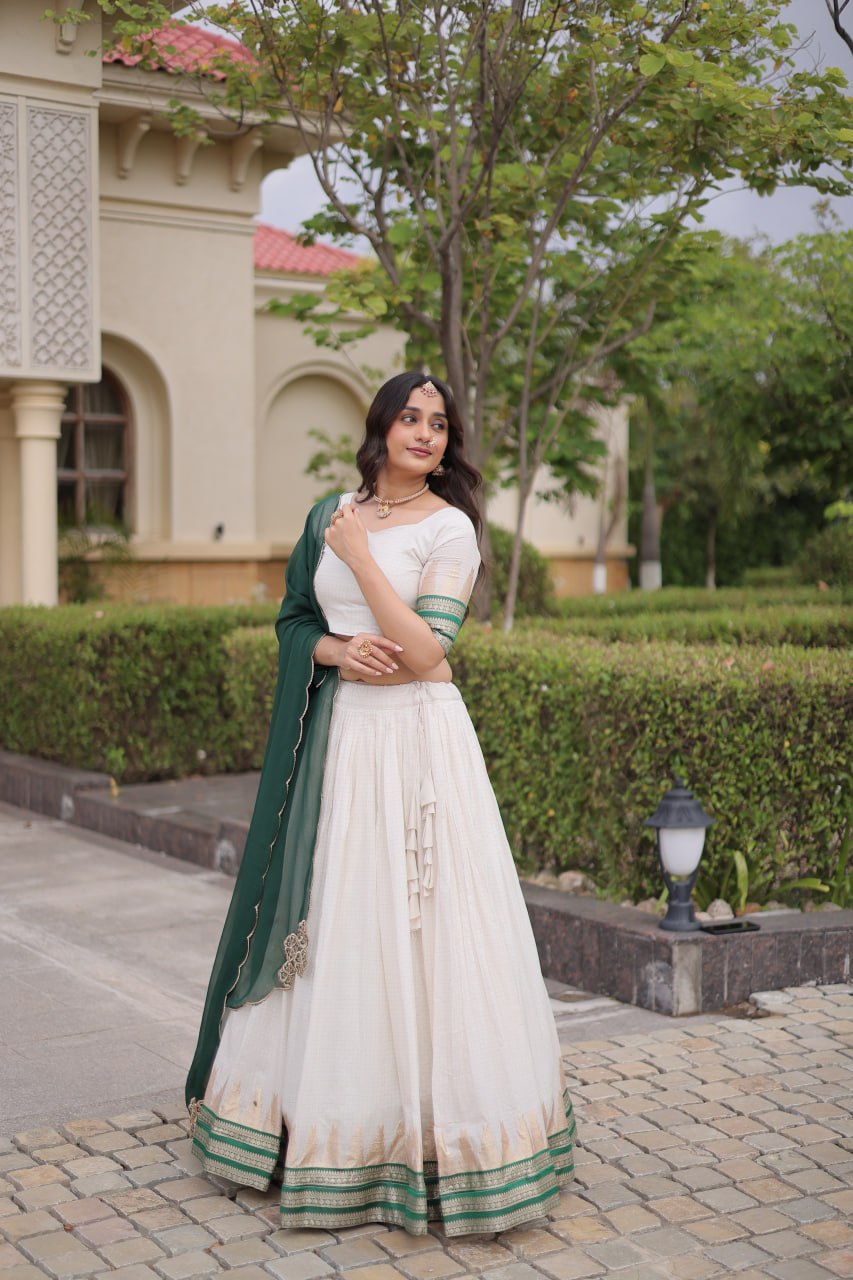 Tanirika Viscose Jacquard Zari Temple Weaving Lehenga with Blouse & Georgette Dupatta