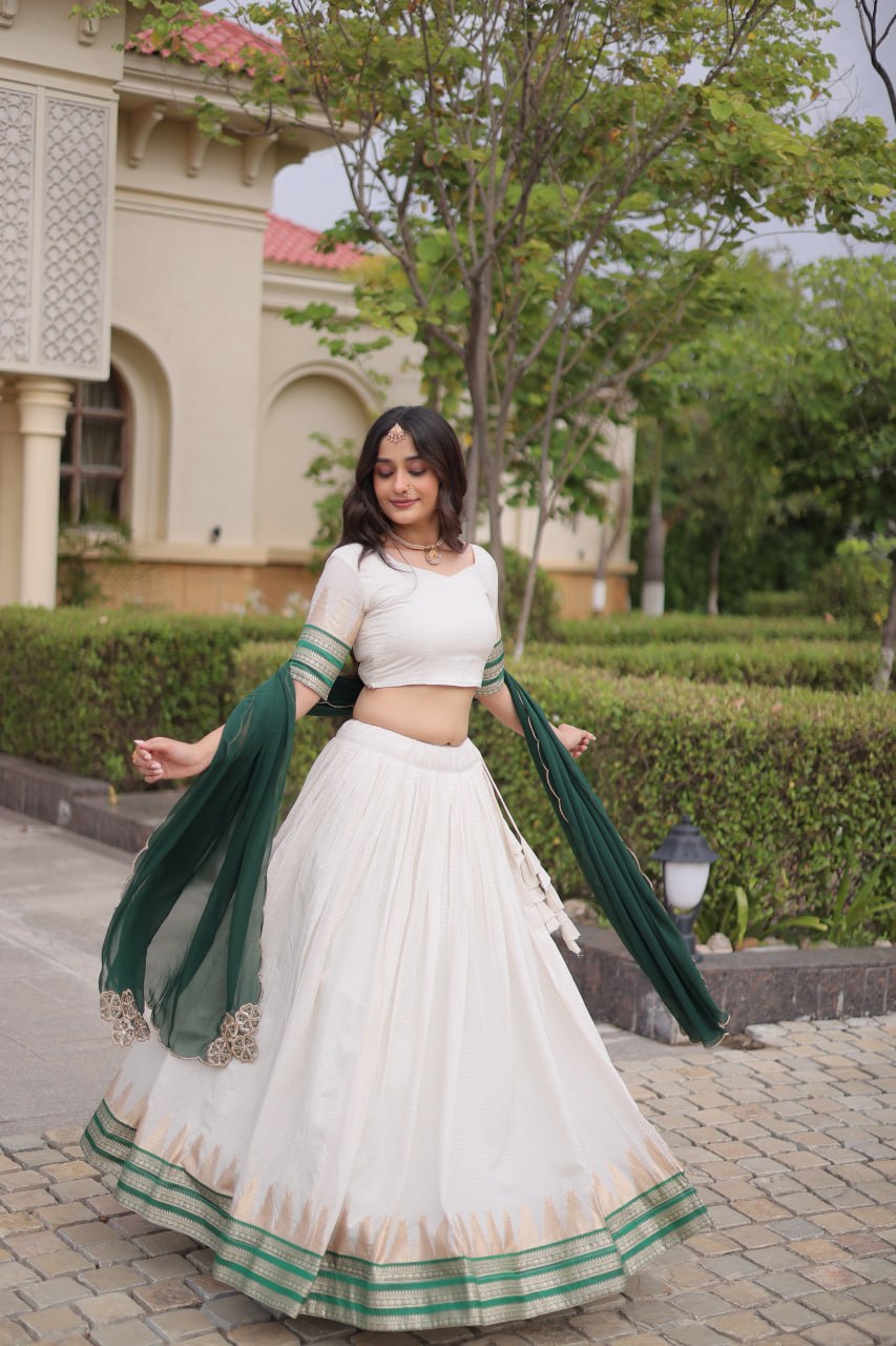 Tanirika Viscose Jacquard Zari Temple Weaving Lehenga with Blouse & Georgette Dupatta