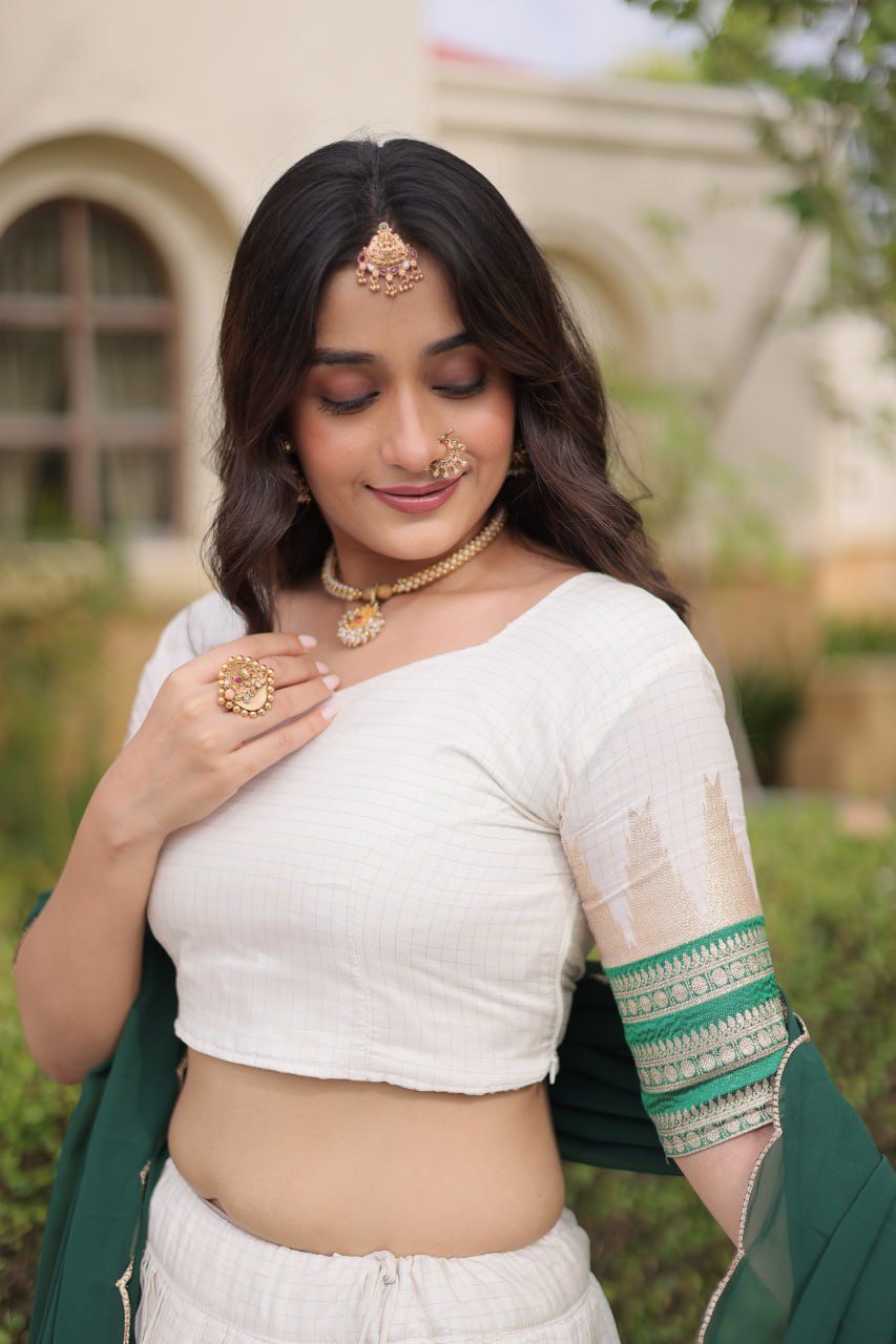 Tanirika Viscose Jacquard Zari Temple Weaving Lehenga with Blouse & Georgette Dupatta