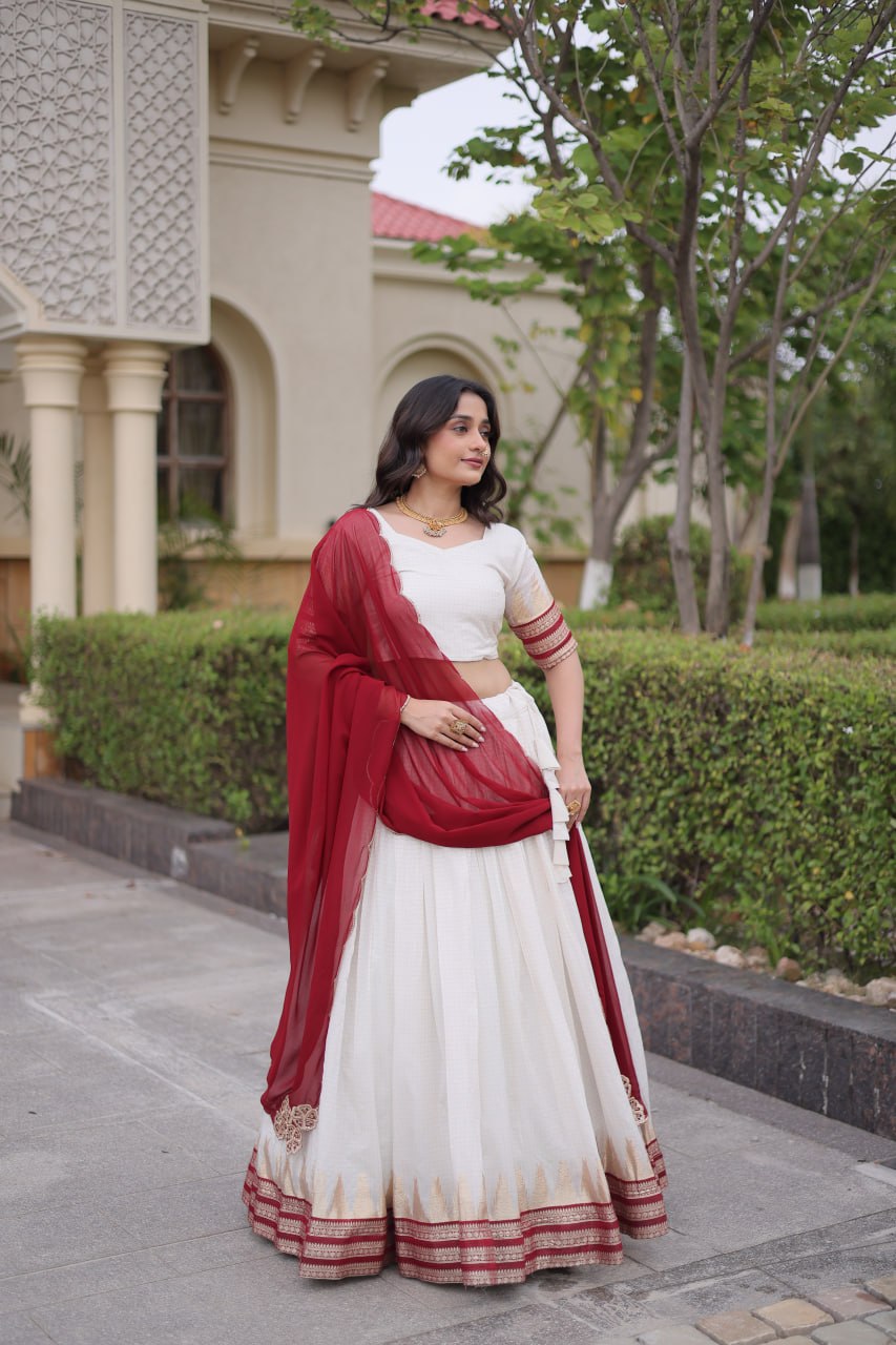 Tanirika Viscose Jacquard Zari Temple Weaving Lehenga with Blouse & Georgette Dupatta