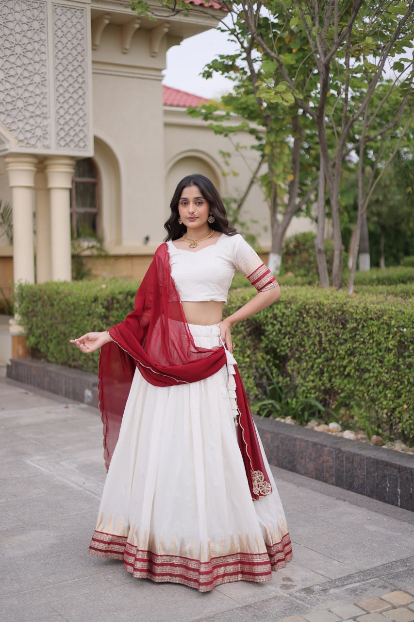 Tanirika Viscose Jacquard Zari Temple Weaving Lehenga with Blouse & Georgette Dupatta