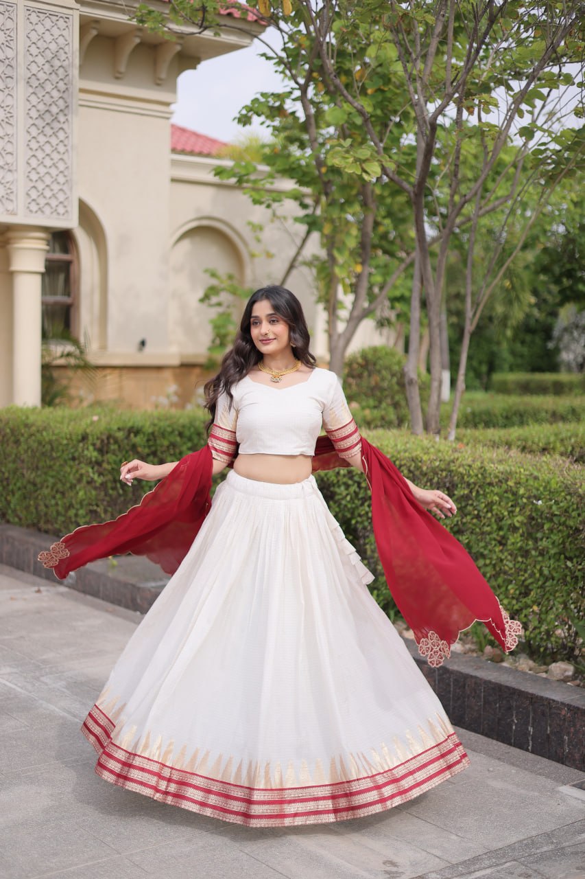 Tanirika Viscose Jacquard Zari Temple Weaving Lehenga with Blouse & Georgette Dupatta