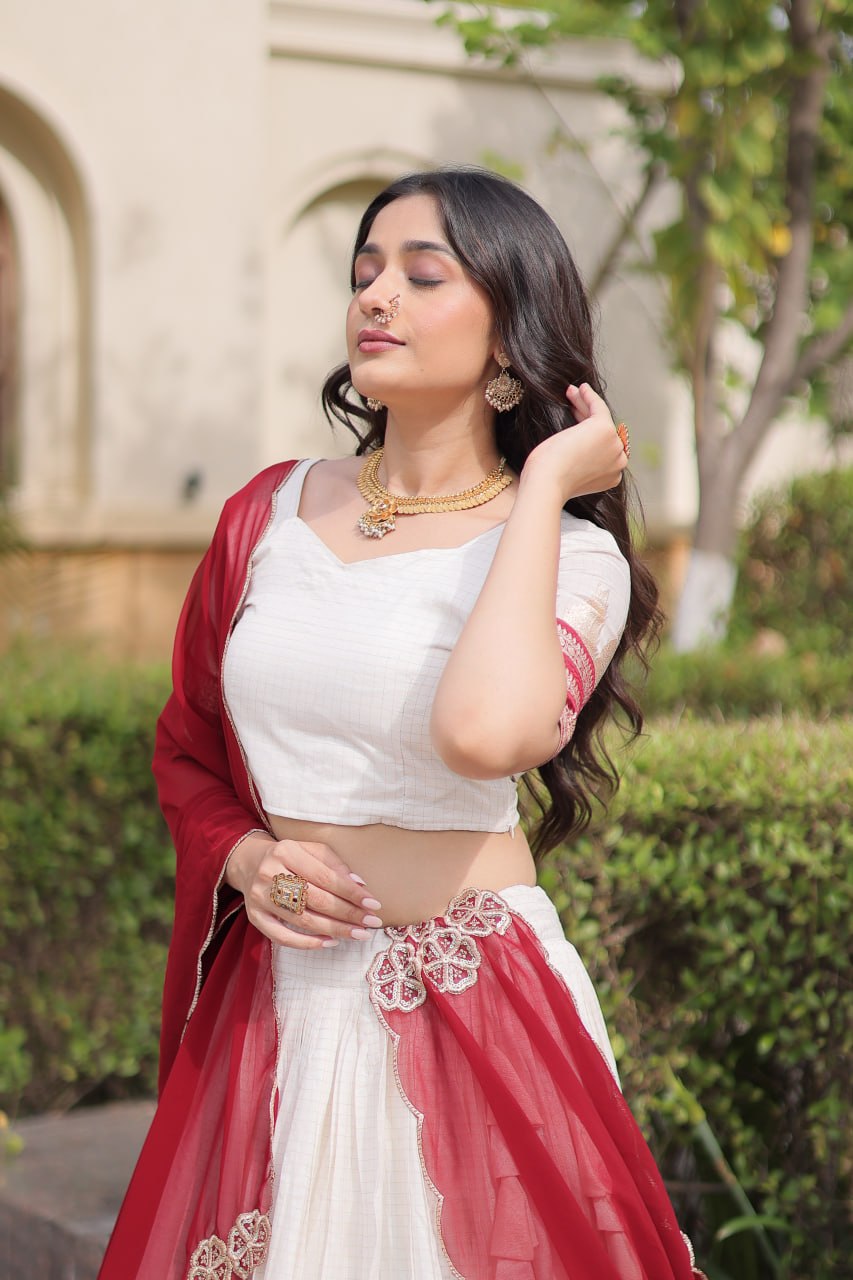 Tanirika Viscose Jacquard Zari Temple Weaving Lehenga with Blouse & Georgette Dupatta