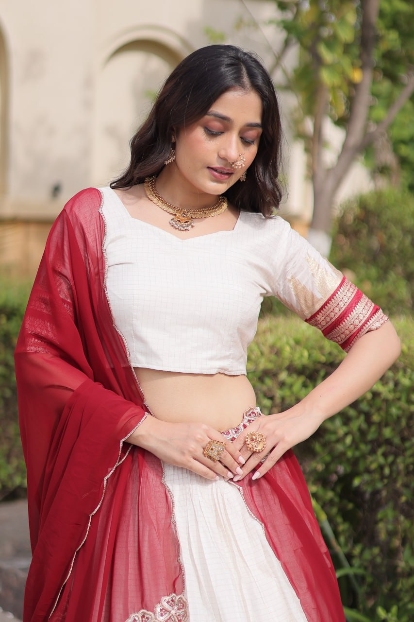 Tanirika Viscose Jacquard Zari Temple Weaving Lehenga with Blouse & Georgette Dupatta