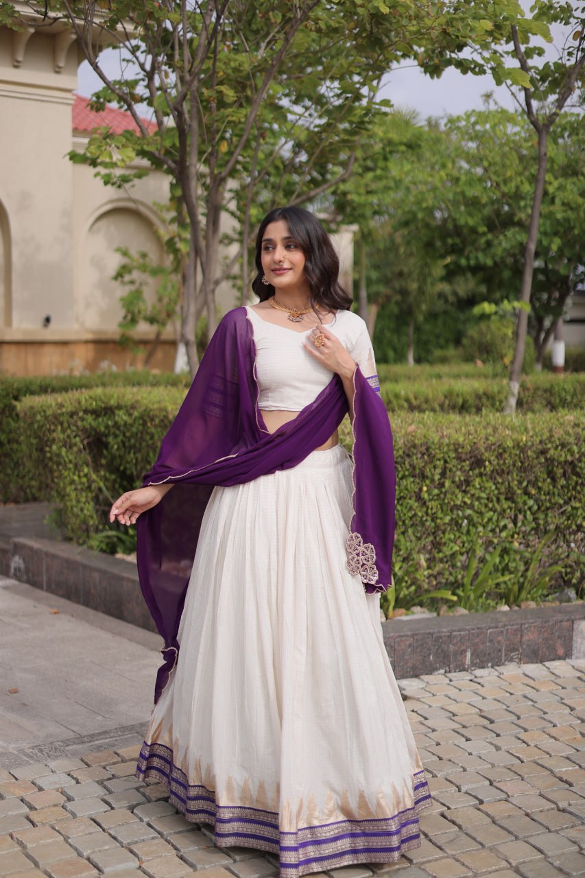 Tanirika Viscose Jacquard Zari Temple Weaving Lehenga with Blouse & Georgette Dupatta