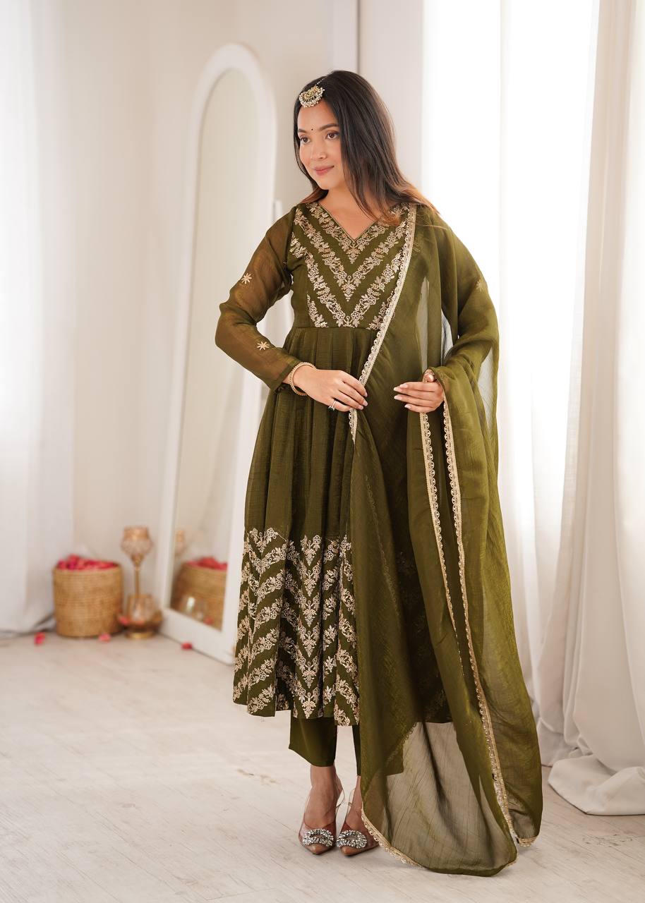 Nooraya Designer Crunchy Silk Anarkali Gown with Embroidery & Sequins Work, Pant and Lace Border Dupatta