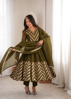Nooraya Designer Crunchy Silk Anarkali Gown with Embroidery & Sequins Work, Pant and Lace Border Dupatta