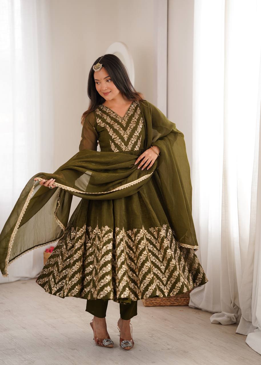 Nooraya Designer Crunchy Silk Anarkali Gown with Embroidery & Sequins Work, Pant and Lace Border Dupatta