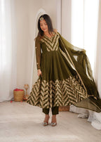 Nooraya Designer Crunchy Silk Anarkali Gown with Embroidery & Sequins Work, Pant and Lace Border Dupatta