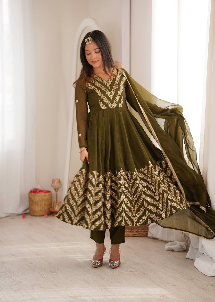 Nooraya Designer Crunchy Silk Anarkali Gown with Embroidery & Sequins Work, Pant and Lace Border Dupatta