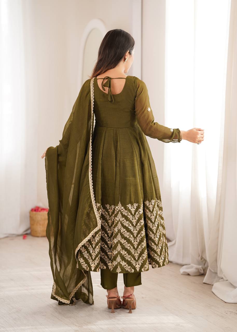 Nooraya Designer Crunchy Silk Anarkali Gown with Embroidery & Sequins Work, Pant and Lace Border Dupatta