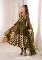 Nooraya Designer Crunchy Silk Anarkali Gown with Embroidery & Sequins Work, Pant and Lace Border Dupatta