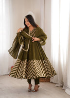 Nooraya Designer Crunchy Silk Anarkali Gown with Embroidery & Sequins Work, Pant and Lace Border Dupatta