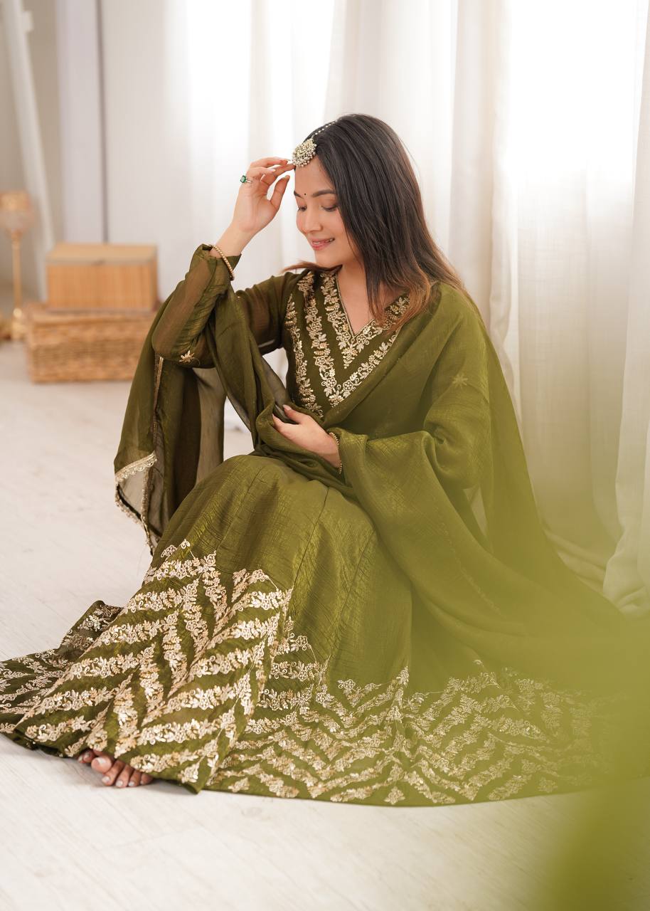Nooraya Designer Crunchy Silk Anarkali Gown with Embroidery & Sequins Work, Pant and Lace Border Dupatta