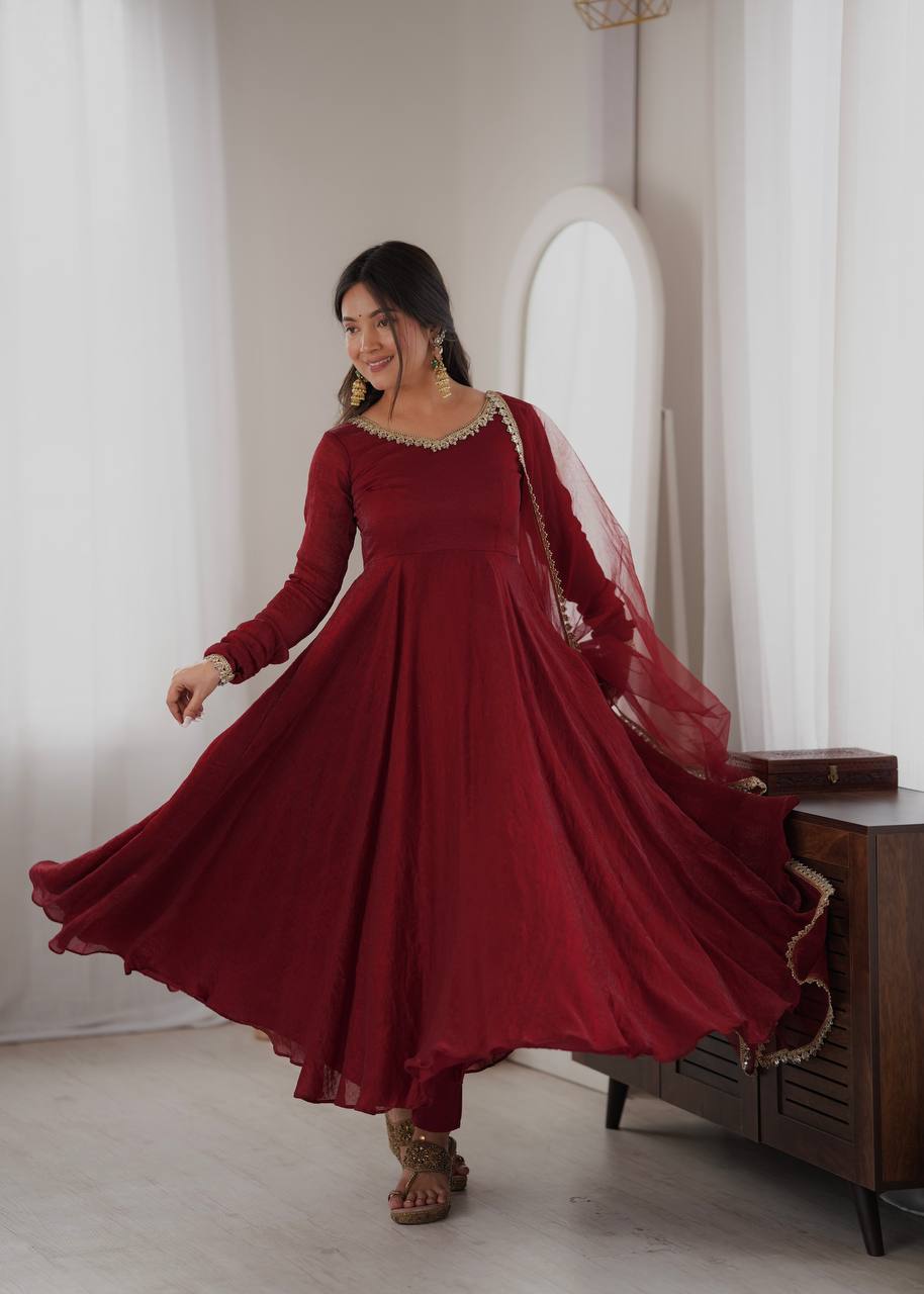 Aarushi Doremon Crush Mirror Work Gown with Pant & Butterfly Net Dupatta Set