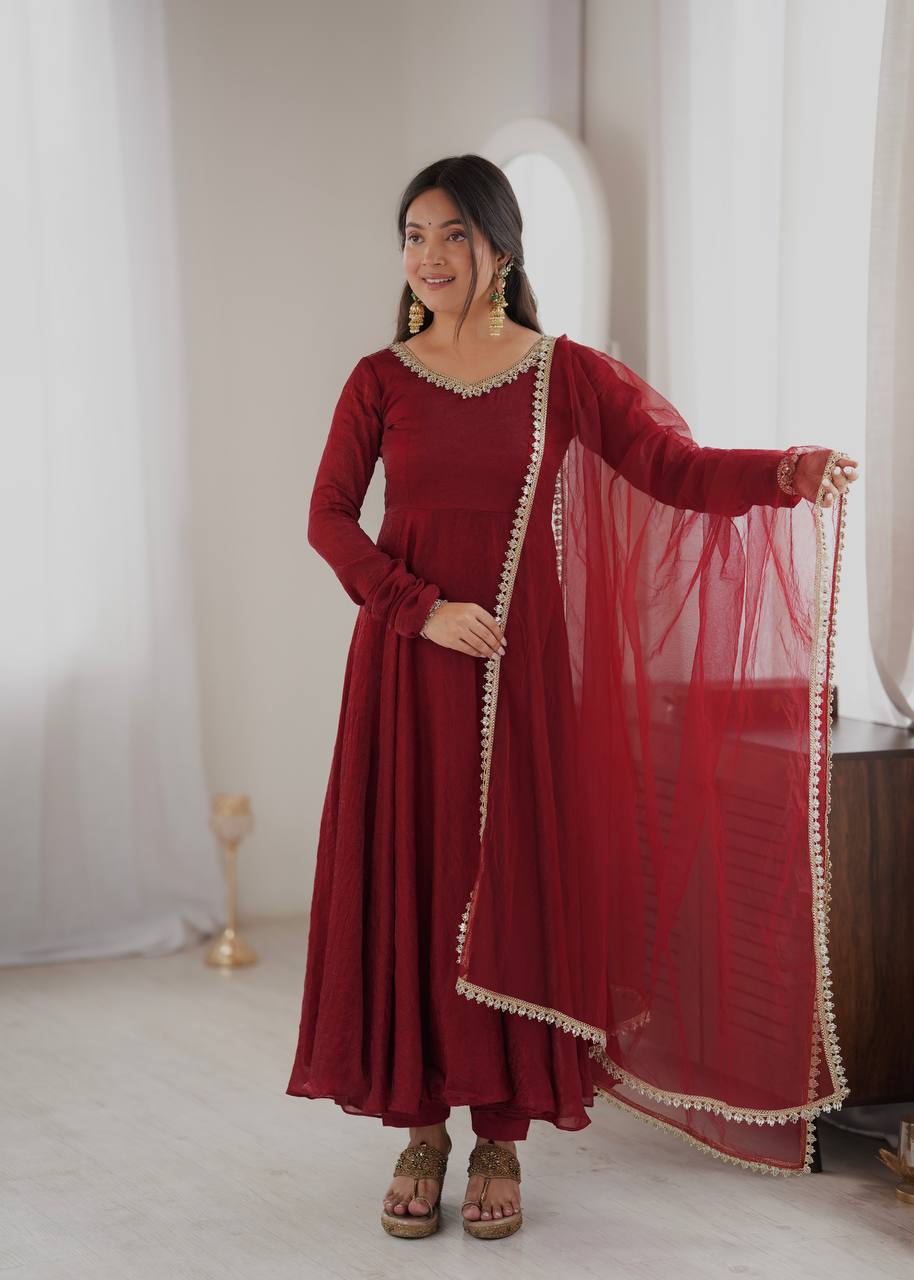 Aarushi Doremon Crush Mirror Work Gown with Pant & Butterfly Net Dupatta Set