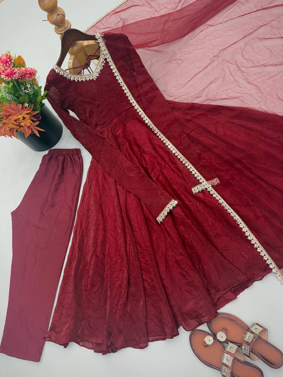 Aarushi Doremon Crush Mirror Work Gown with Pant & Butterfly Net Dupatta Set