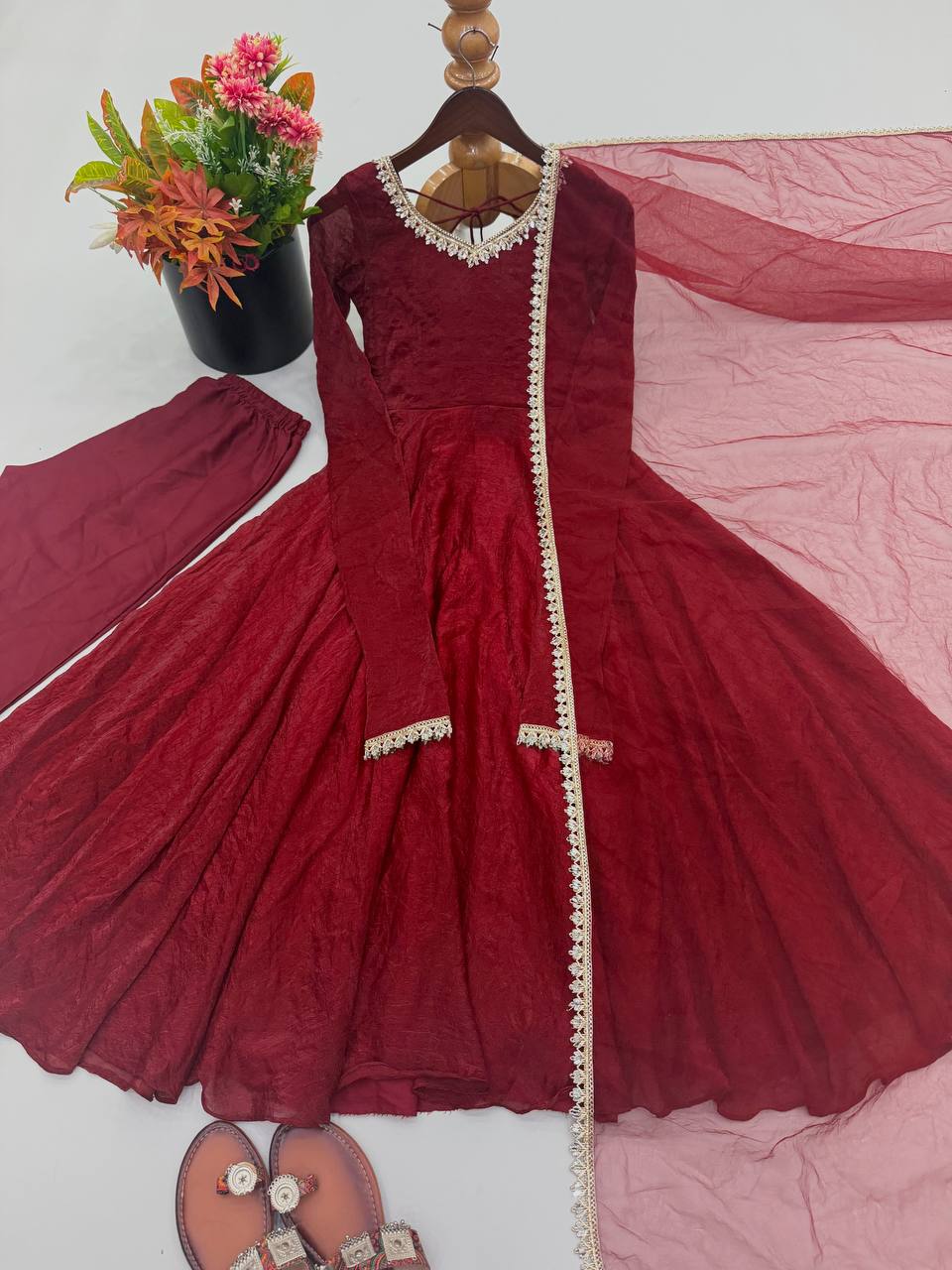 Aarushi Doremon Crush Mirror Work Gown with Pant & Butterfly Net Dupatta Set