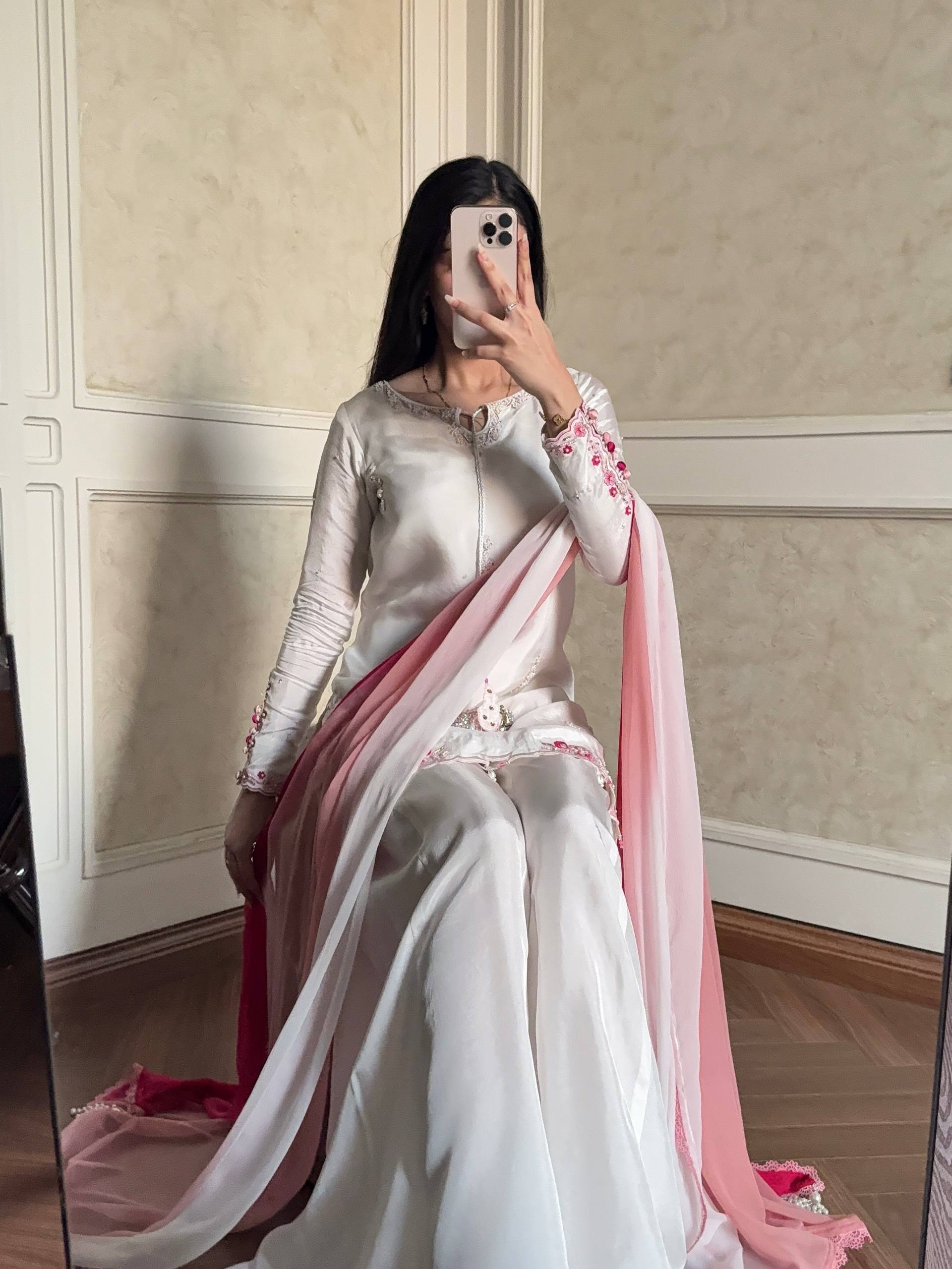 Vaanvi Natural Crepe Silk Sequins Embroidered Palazzo Suit with Shaded Chiffon Dupatta