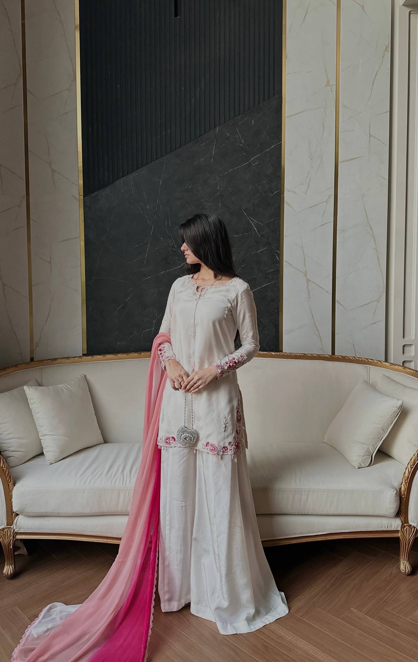 Vaanvi Natural Crepe Silk Sequins Embroidered Palazzo Suit with Shaded Chiffon Dupatta