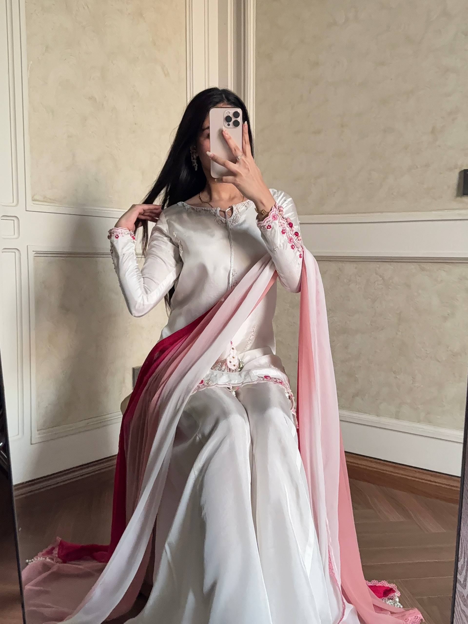 Vaanvi Natural Crepe Silk Sequins Embroidered Palazzo Suit with Shaded Chiffon Dupatta