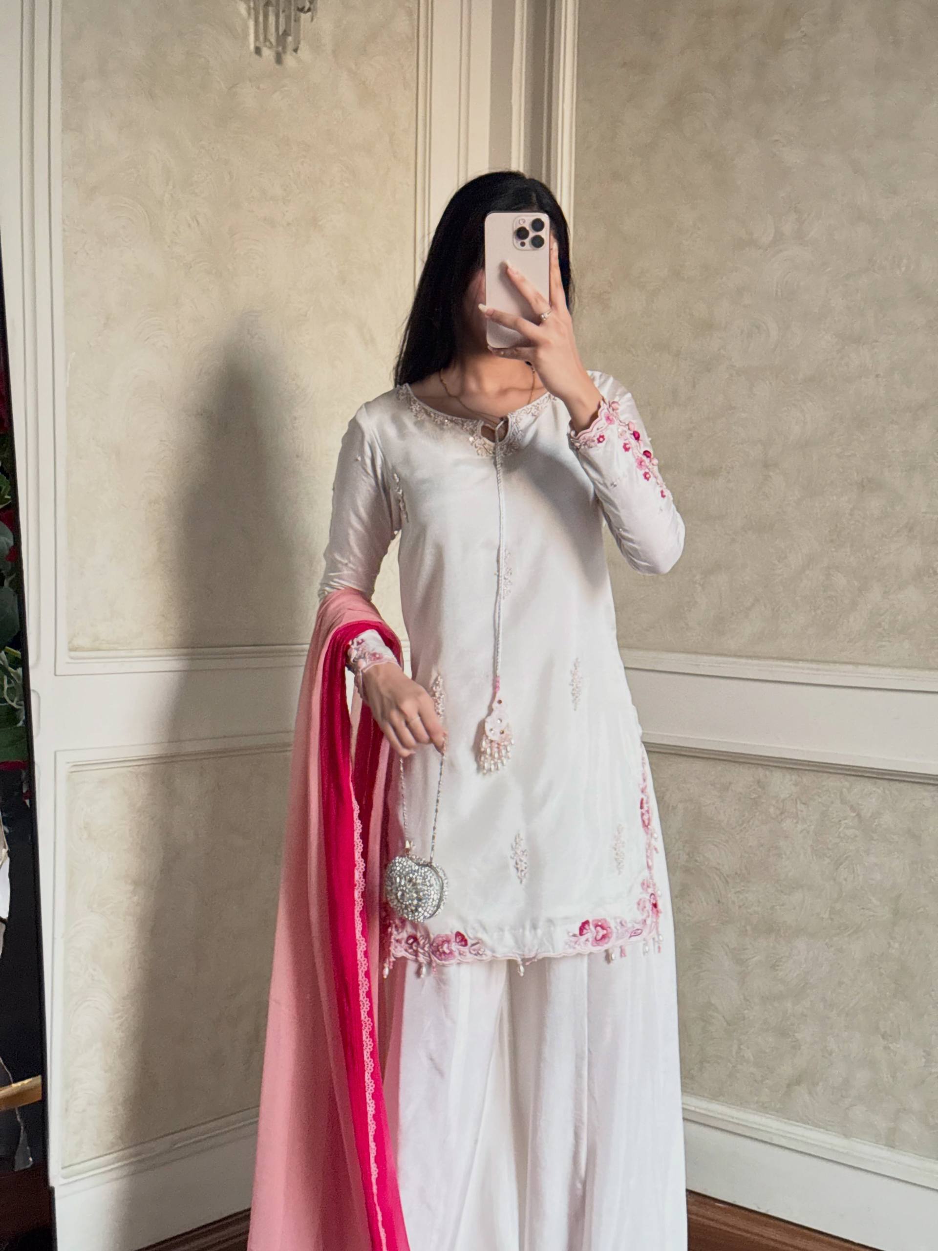 Vaanvi Natural Crepe Silk Sequins Embroidered Palazzo Suit with Shaded Chiffon Dupatta