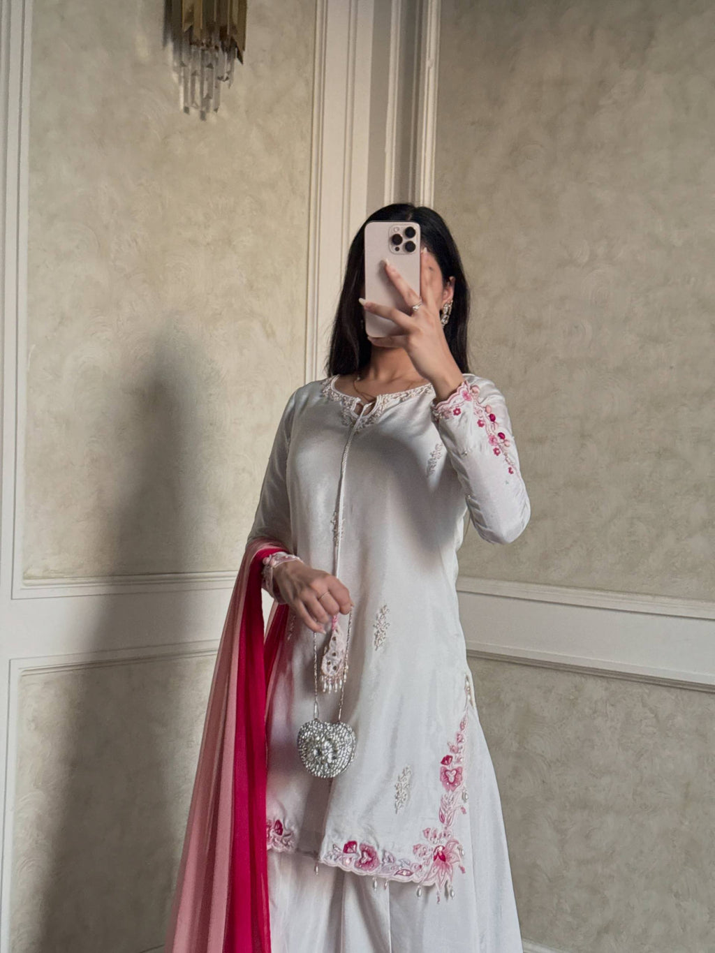 Vaanvi Natural Crepe Silk Sequins Embroidered Palazzo Suit with Shaded Chiffon Dupatta
