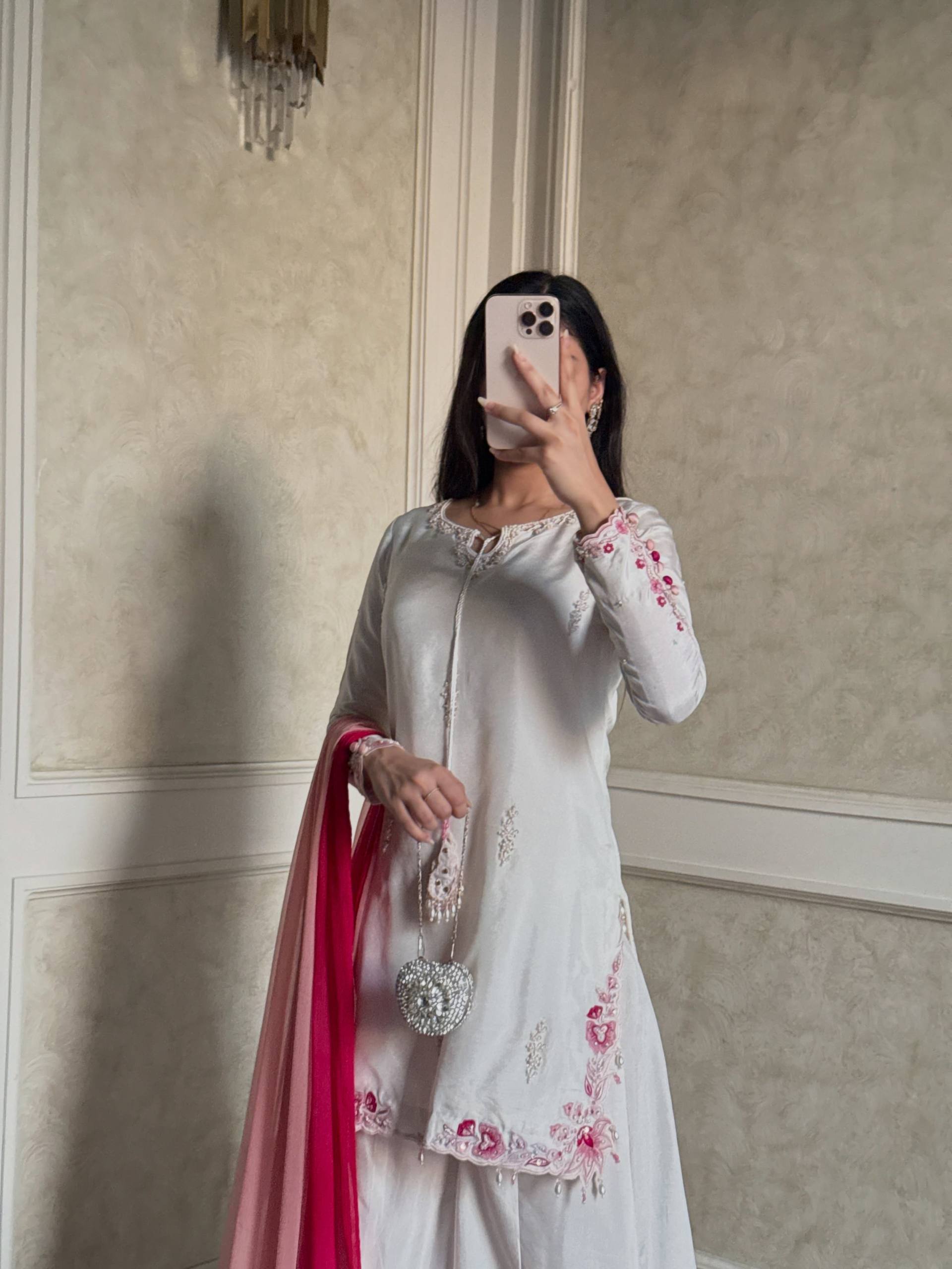 Vaanvi Natural Crepe Silk Sequins Embroidered Palazzo Suit with Shaded Chiffon Dupatta