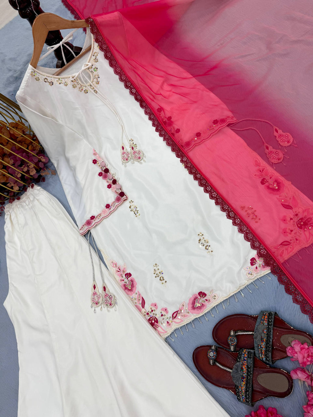 Vaanvi Natural Crepe Silk Sequins Embroidered Palazzo Suit with Shaded Chiffon Dupatta