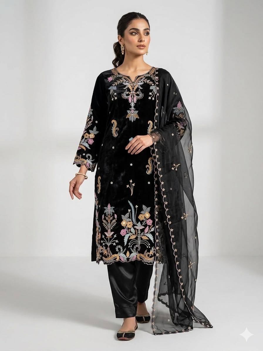 Vritika Glass Roman Embroidered Kurta Pant Set with Organza Dupatta