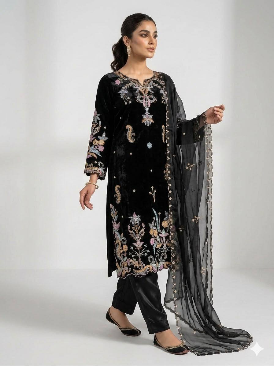Vritika Glass Roman Embroidered Kurta Pant Set with Organza Dupatta