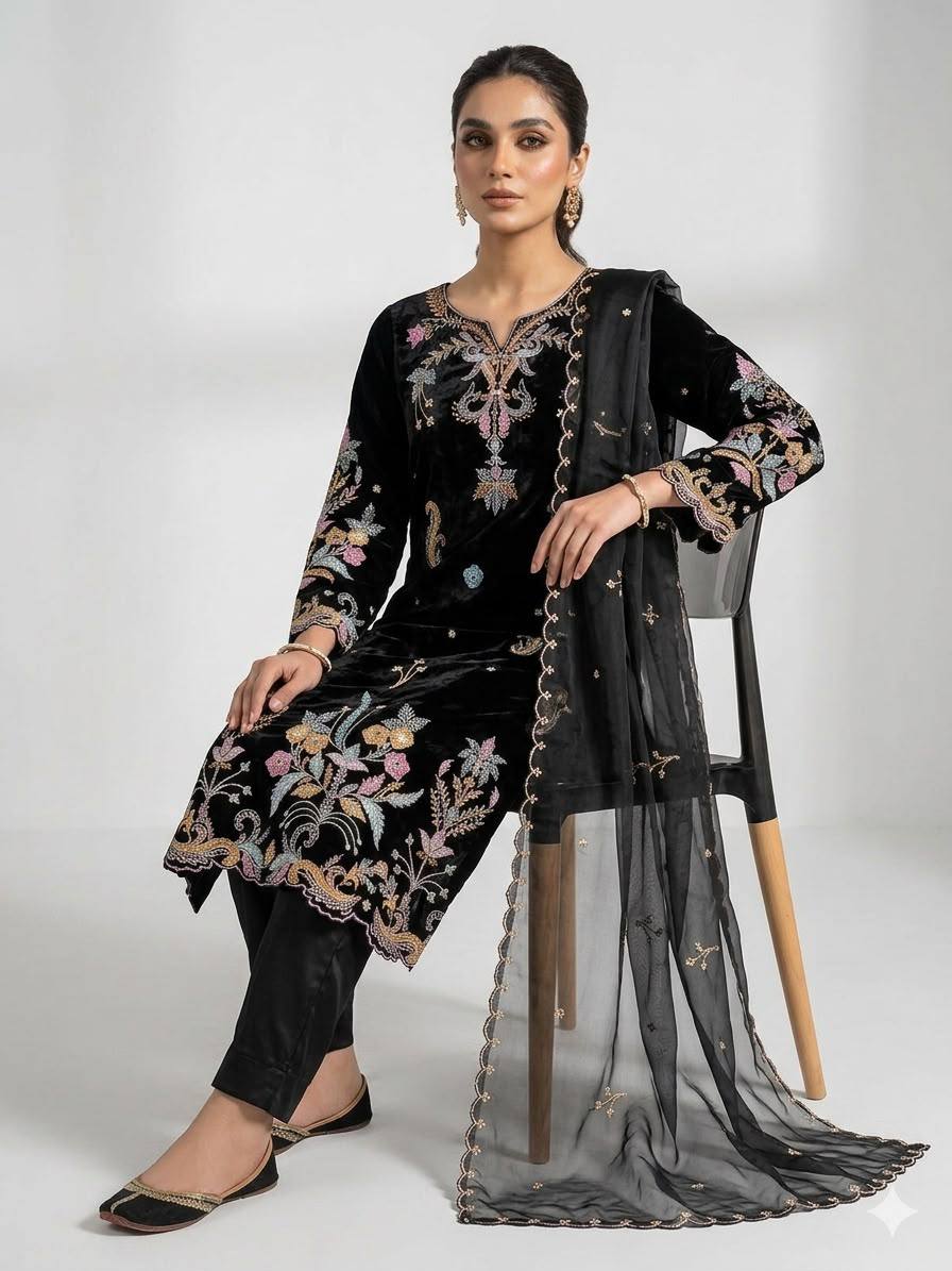 Vritika Glass Roman Embroidered Kurta Pant Set with Organza Dupatta