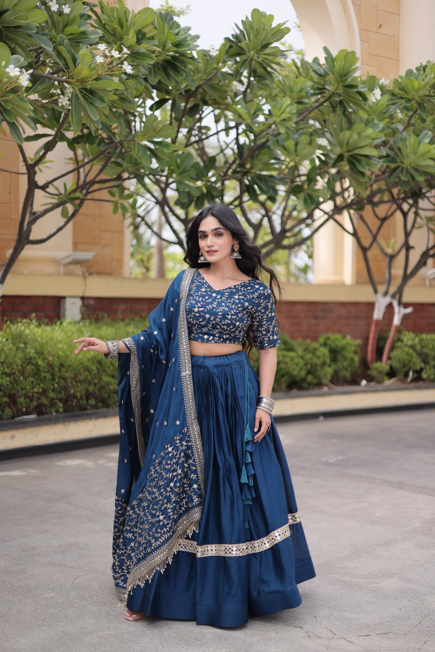 Vaidehi Glory Satin Zari Sequins Embroidered Lehenga with Blouse & Dupatta