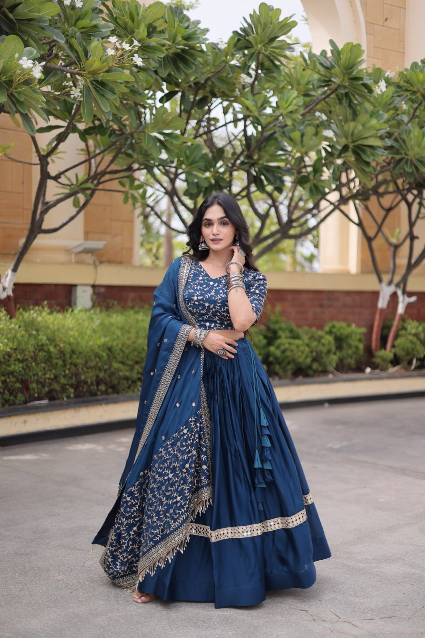 Vaidehi Glory Satin Zari Sequins Embroidered Lehenga with Blouse & Dupatta