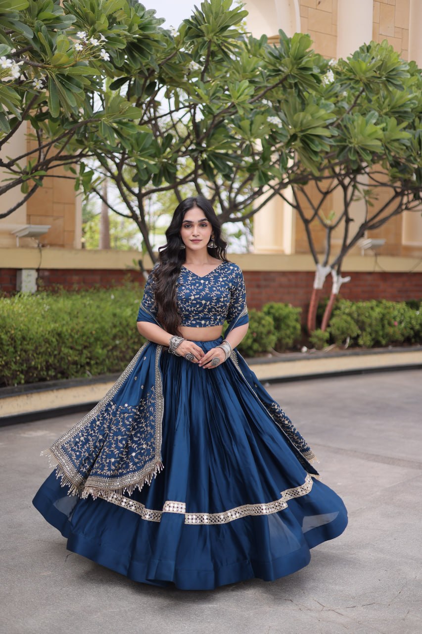 Vaidehi Glory Satin Zari Sequins Embroidered Lehenga with Blouse & Dupatta