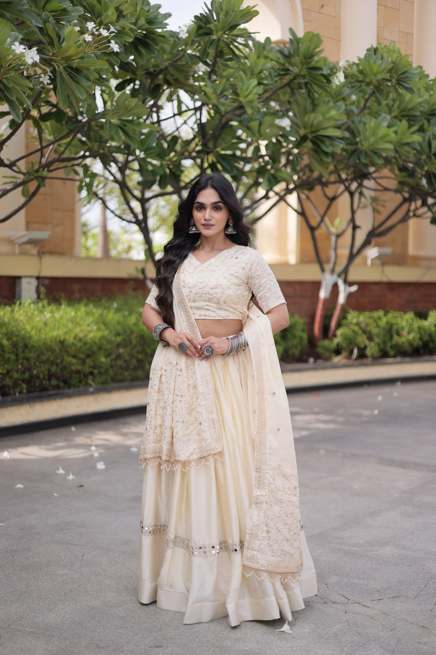 Vaidehi Glory Satin Zari Sequins Embroidered Lehenga with Blouse & Dupatta