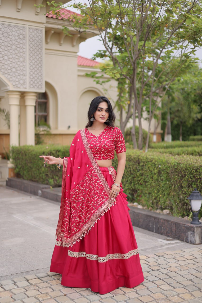 Vaidehi Glory Satin Zari Sequins Embroidered Lehenga with Blouse & Dupatta