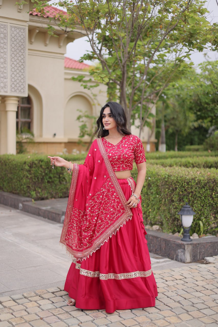Vaidehi Glory Satin Zari Sequins Embroidered Lehenga with Blouse & Dupatta