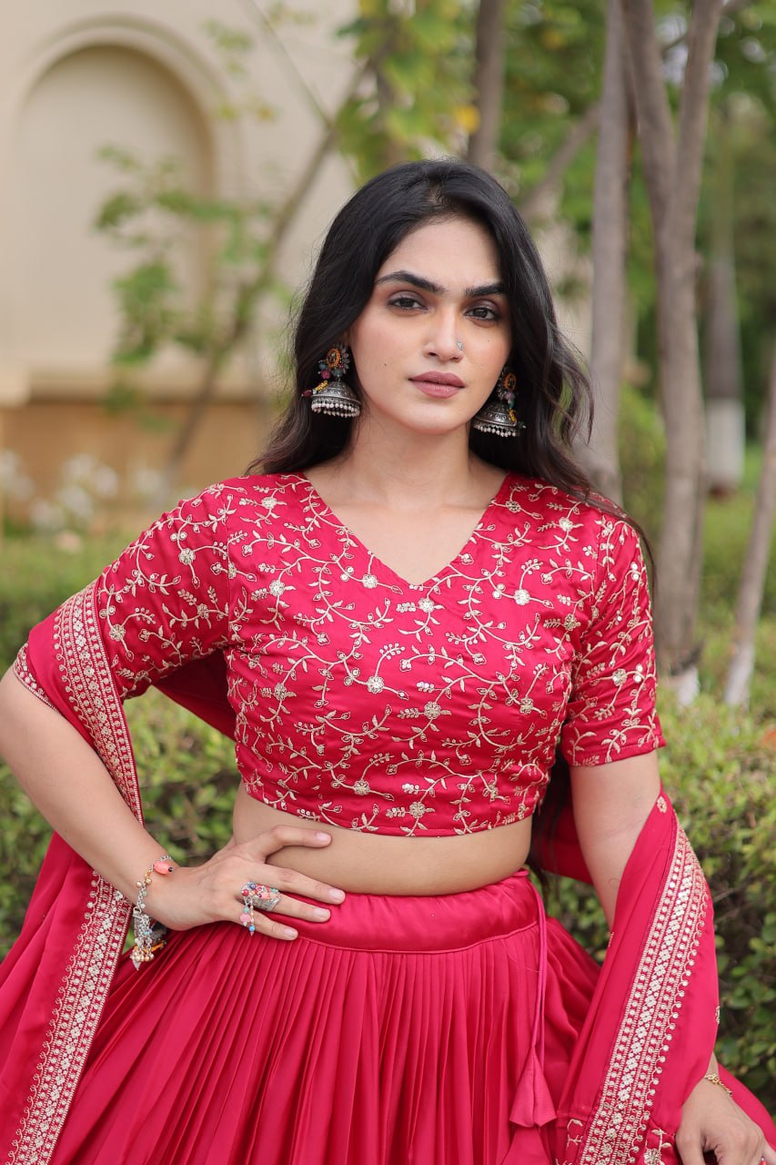 Vaidehi Glory Satin Zari Sequins Embroidered Lehenga with Blouse & Dupatta