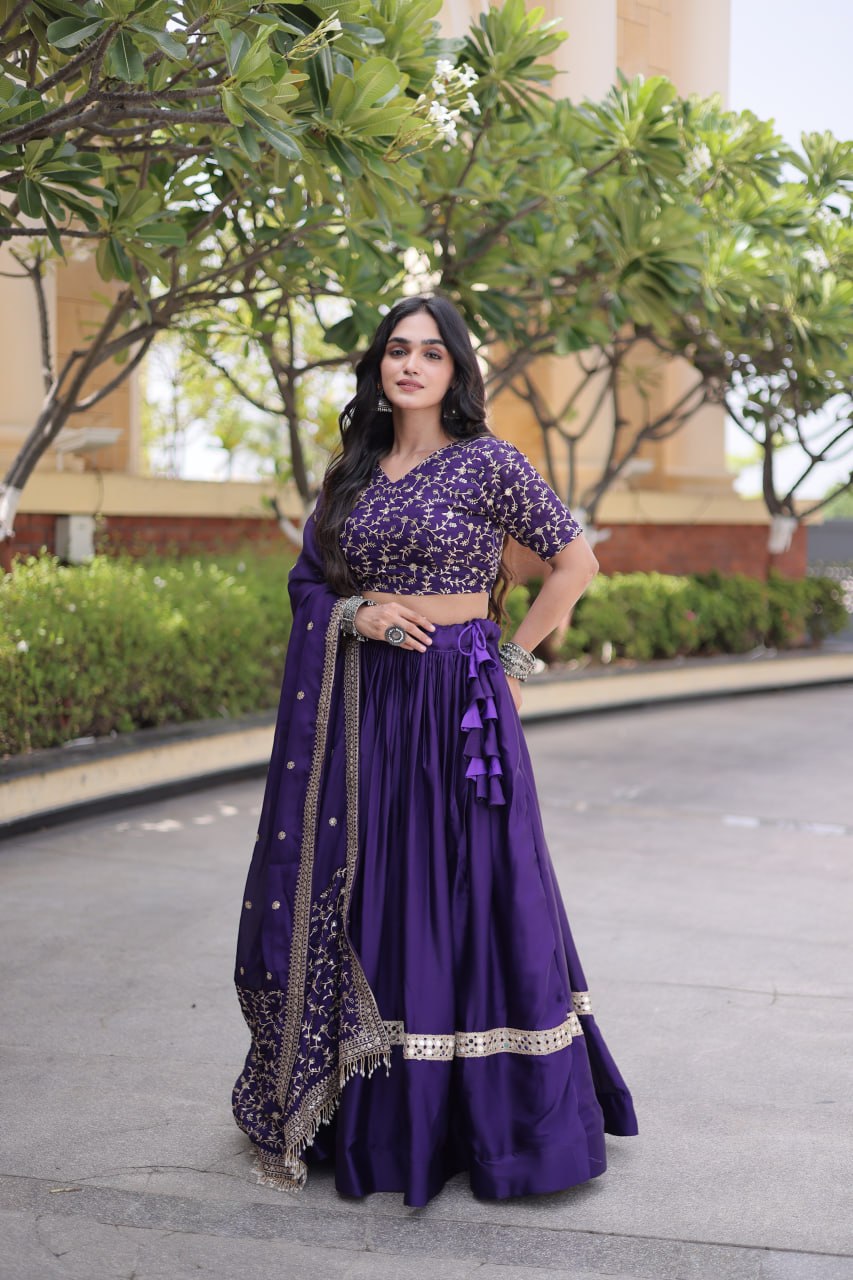 Vaidehi Glory Satin Zari Sequins Embroidered Lehenga with Blouse & Dupatta