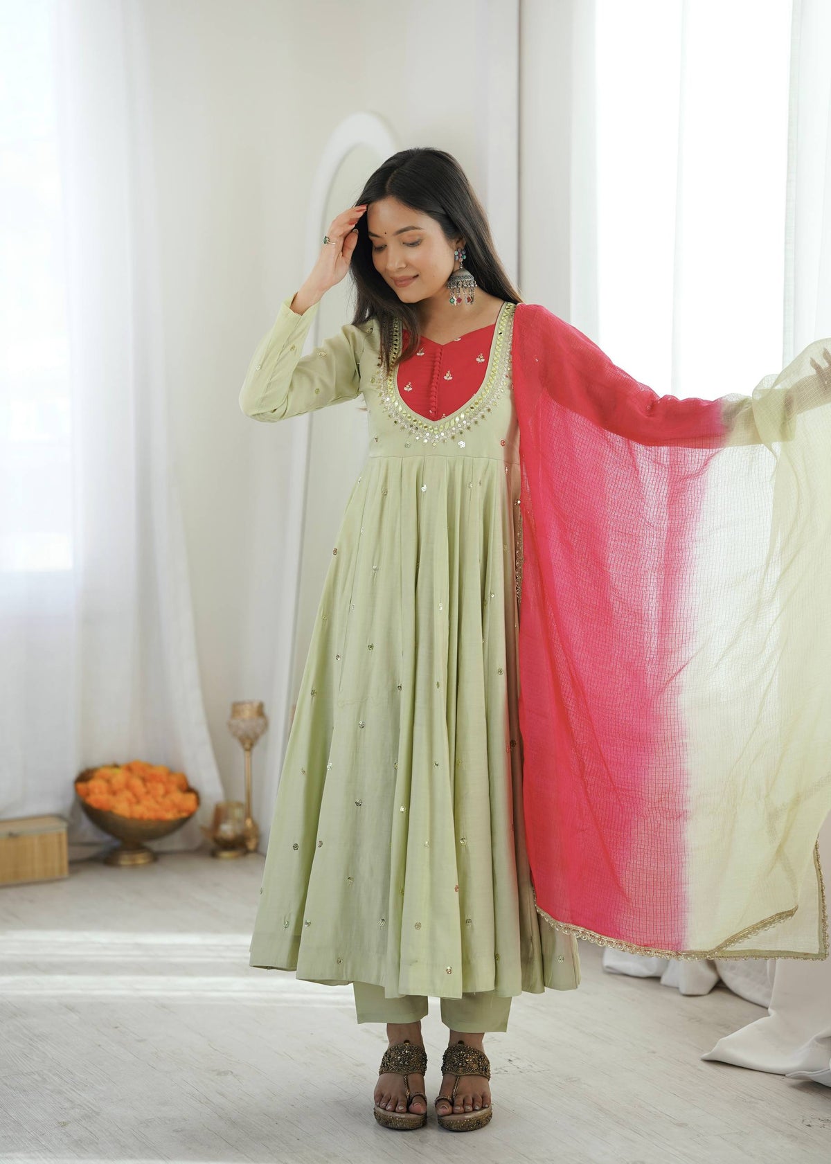 Designer Roman Silk Gown with Real Mirror Embroidery and Dupatta