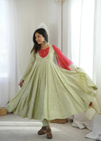 Designer Roman Silk Gown with Real Mirror Embroidery and Dupatta