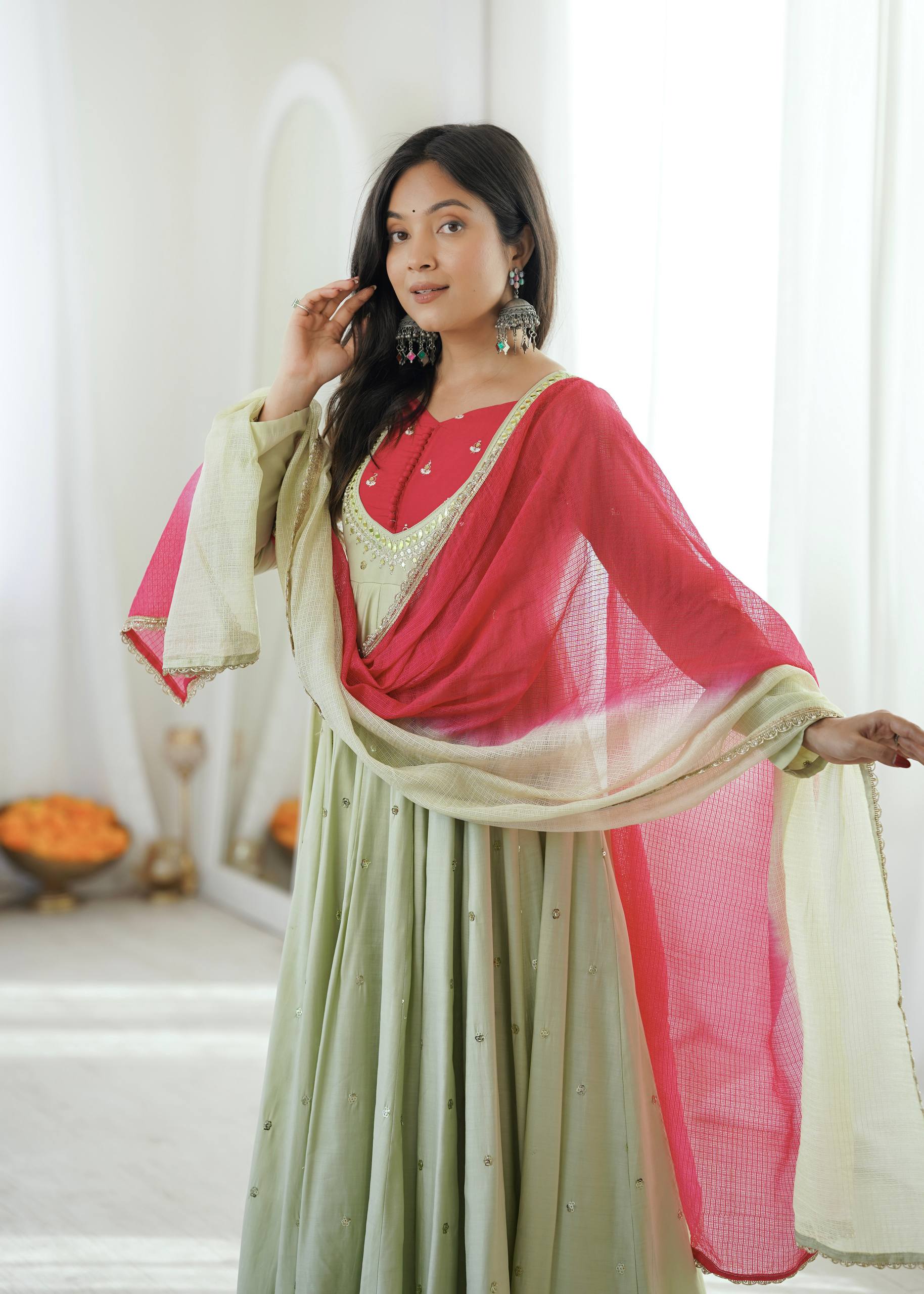 Designer Roman Silk Gown with Real Mirror Embroidery and Dupatta