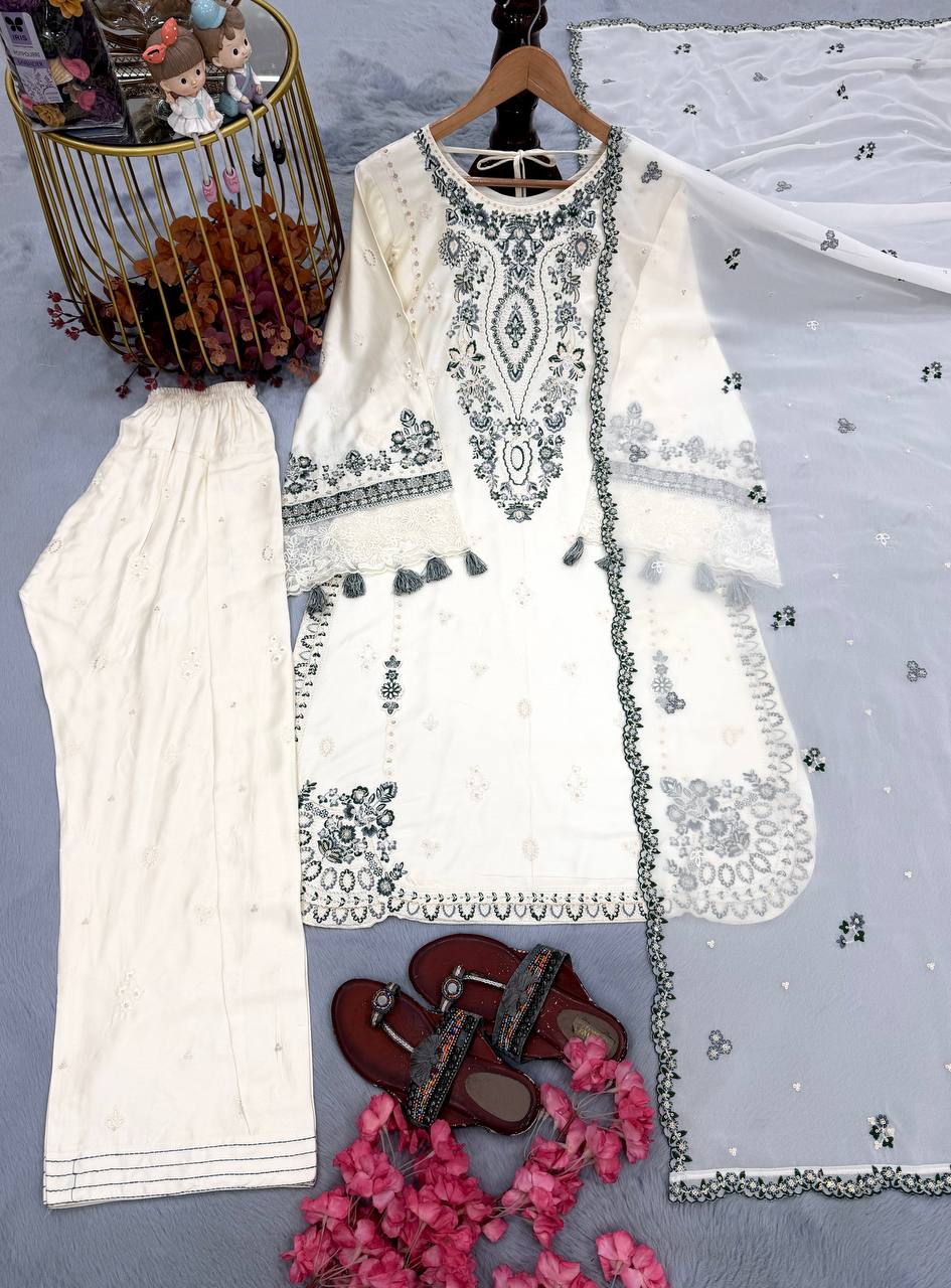 Zarisha Satin Rayon Sequins Embroidered Farshi Pajama Suit with Dupatta