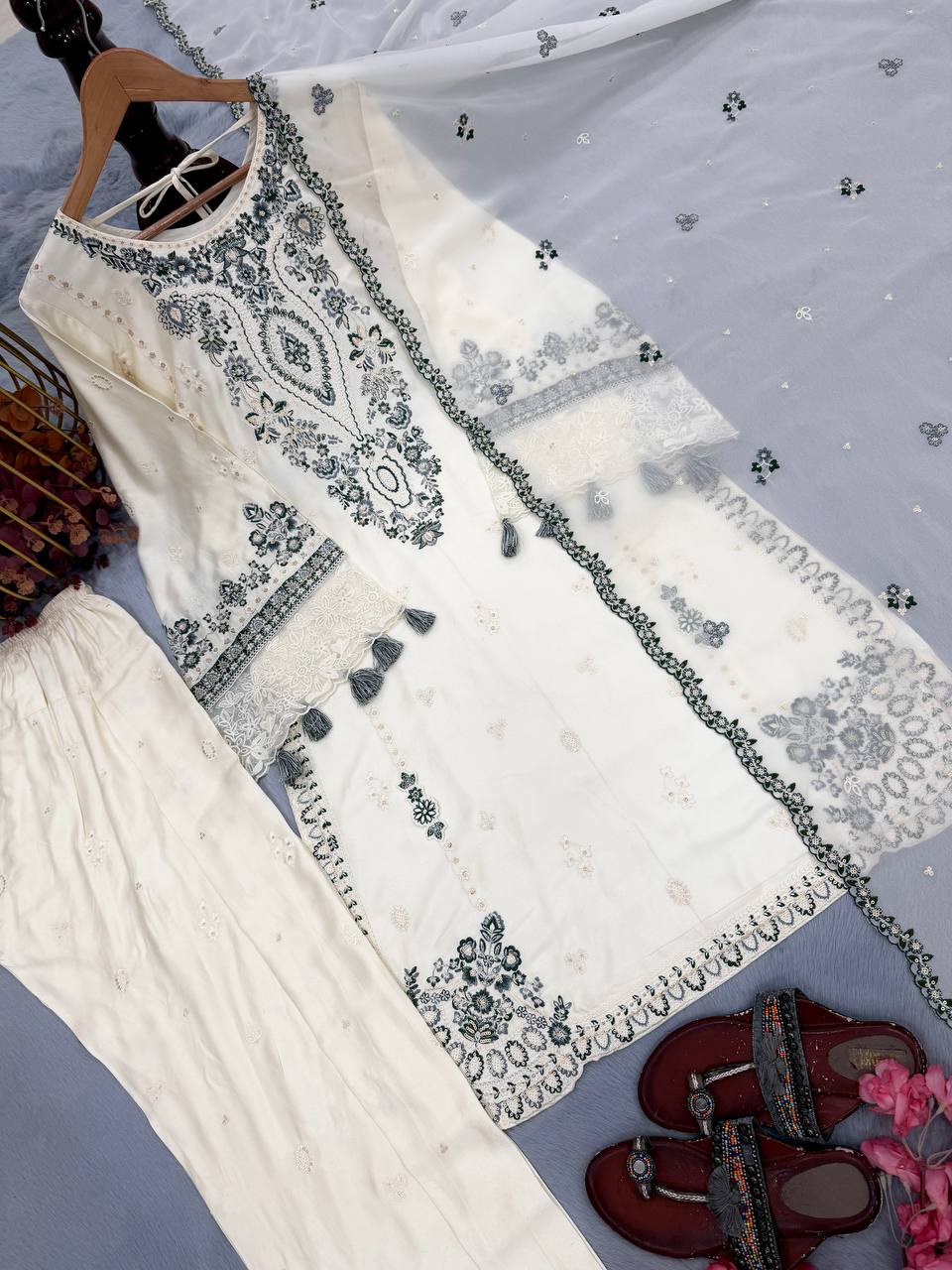 Zarisha Satin Rayon Sequins Embroidered Farshi Pajama Suit with Dupatta