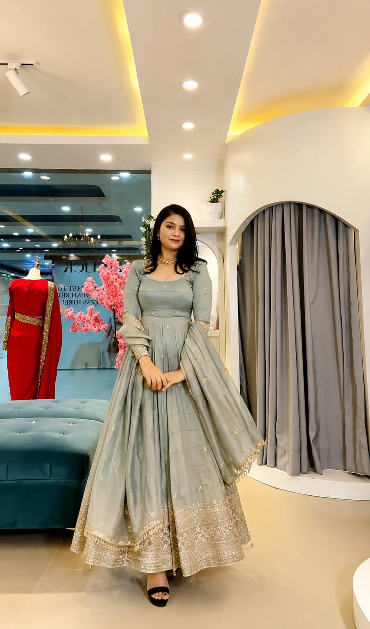 Vaanika Crunchy Silk Sequins Embroidered Anarkali with Pant & Dupatta