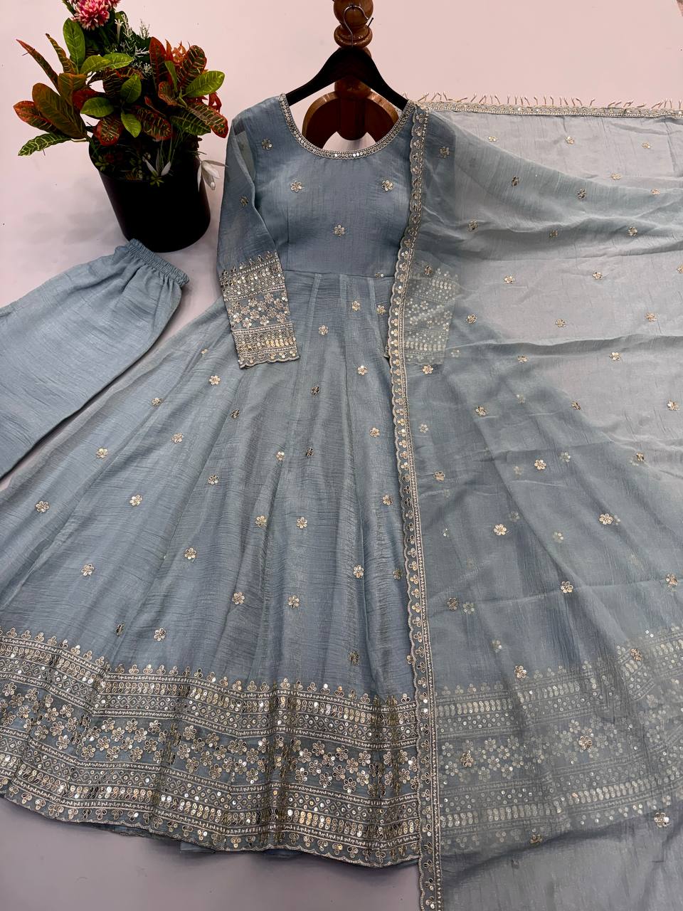 Vaanika Crunchy Silk Sequins Embroidered Anarkali with Pant & Dupatta