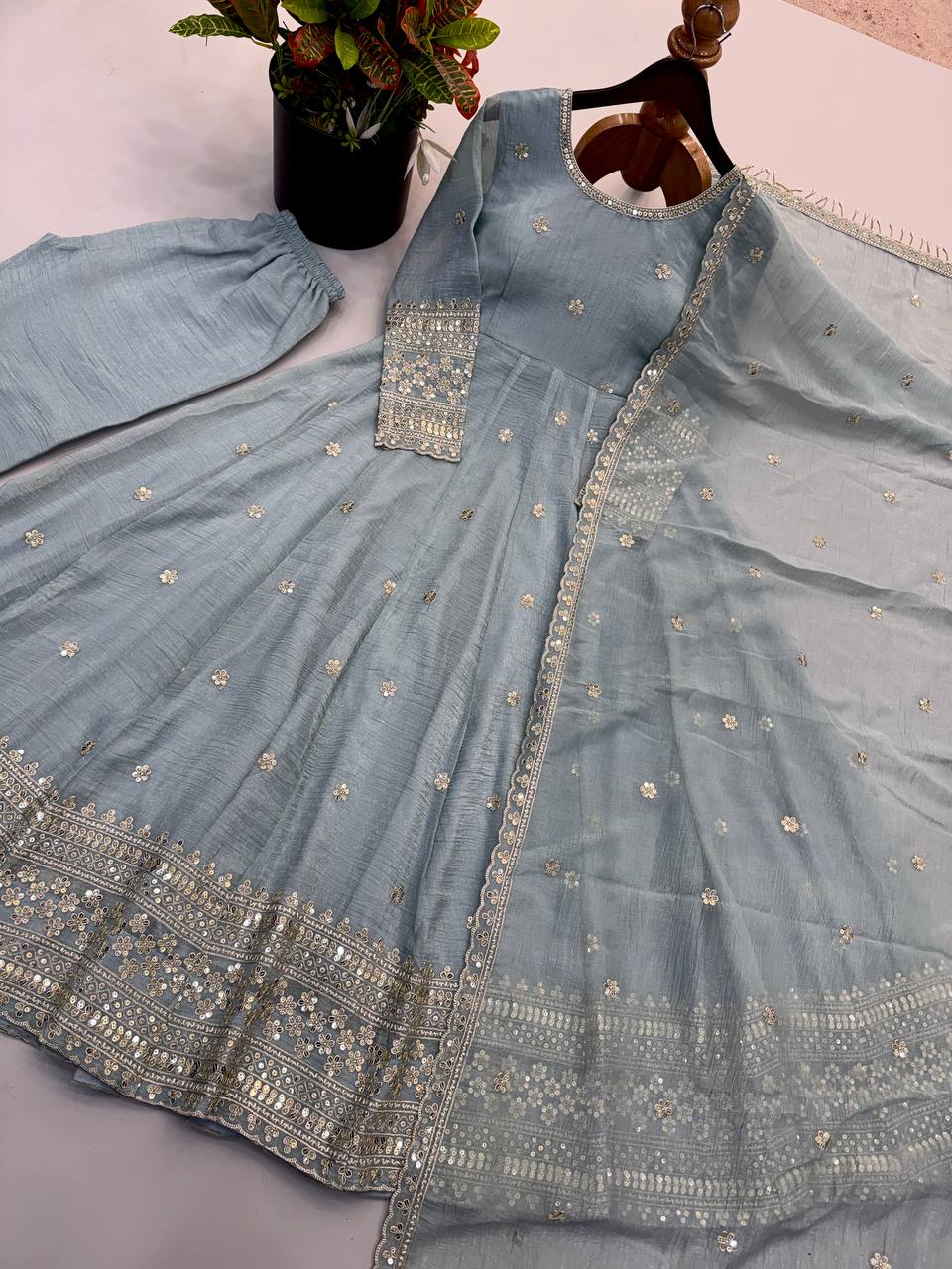 Vaanika Crunchy Silk Sequins Embroidered Anarkali with Pant & Dupatta