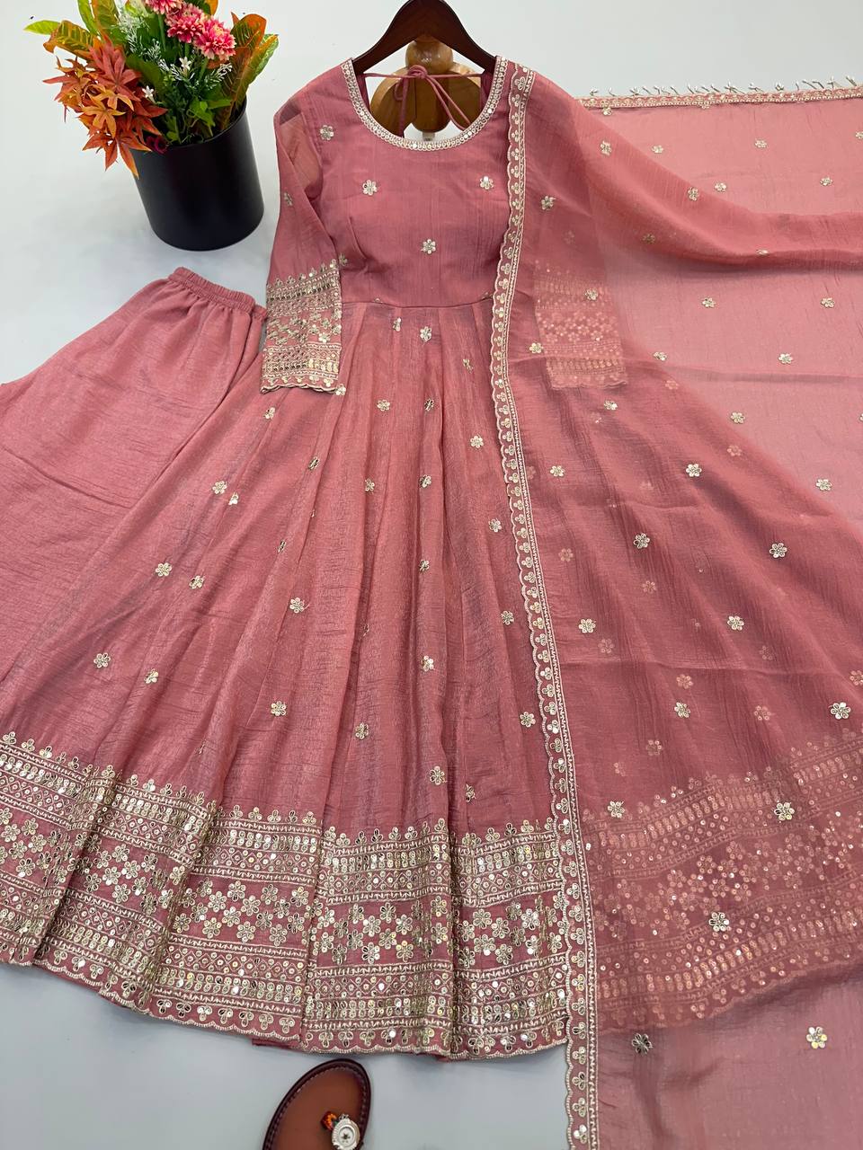 Vaanika Crunchy Silk Sequins Embroidered Anarkali with Pant & Dupatta